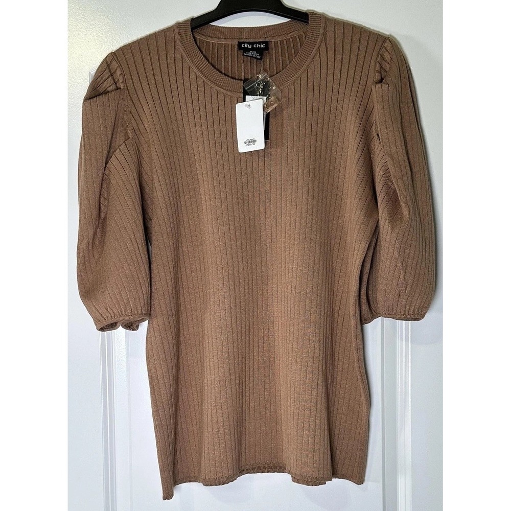 New City Chic Sweater Womens M 18 Brown Ribbed Puff‎ Sleeve Knit Basic Neutral